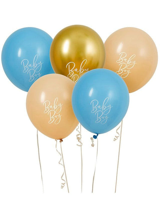 Blue, Nude & Gold 'Baby Boy' Latex 12" Balloons (5pk)