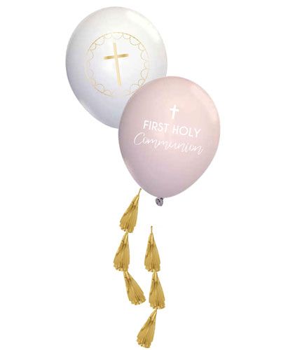 Pink Botanical 'First Holy Communion' Balloons with Tassels - 11" Latex (4pk)