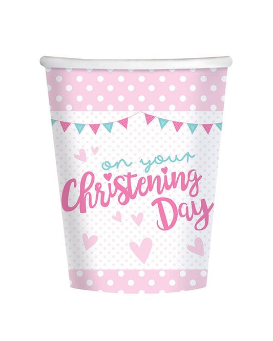 Christening Day Pink Cups - 266ml Paper Party Cups (8pk)