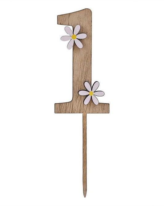Ditsy Daisy Wooden '1' Cake Topper with Paper Daisies - 8cm x 4.3cm