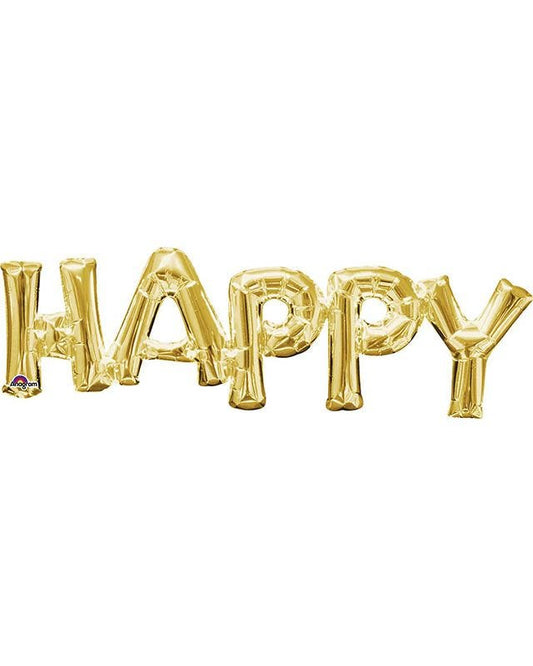 Gold 'HAPPY' Phrase Foil Balloon - 30" x 10"