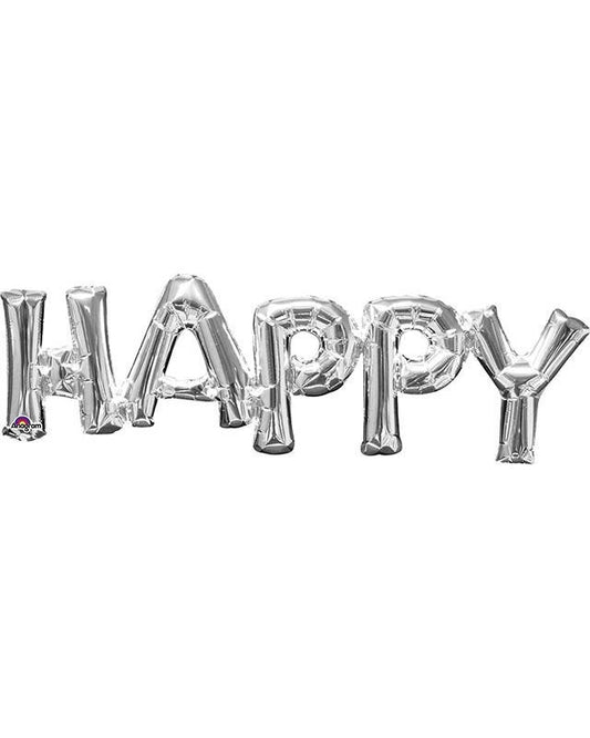 Silver 'HAPPY' Phrase Foil Balloon - 30" x 10"