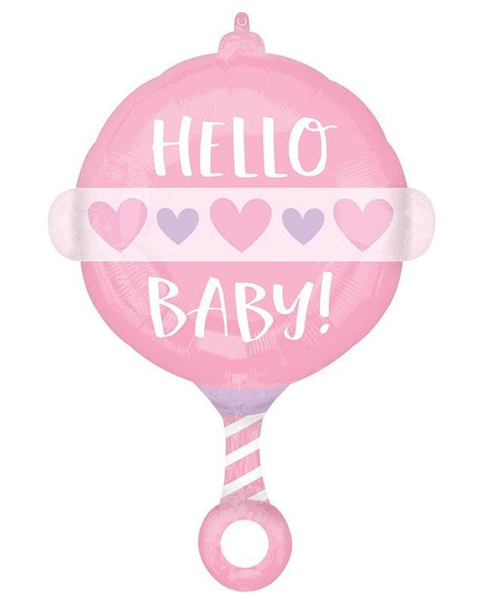 Pink Baby Rattle Shaped Balloon - 17" x 24" Foil