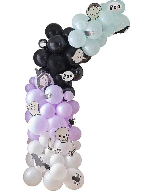 Multicoloured Halloween Balloon Arch with Card Characters