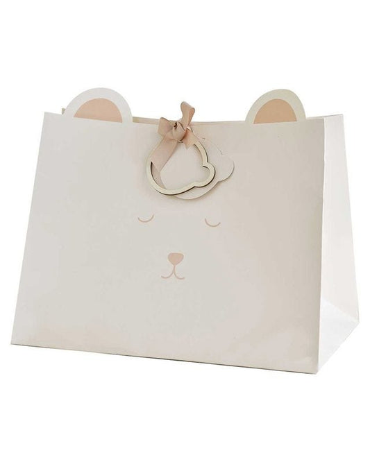 Teddy Bear Baby Shower Gift Bag with Wooden Tag and Ribbon - 27.5cm x 36.3cm