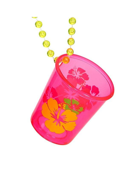 Neon Pink Hibiscus Shot Glass Beaded Necklace