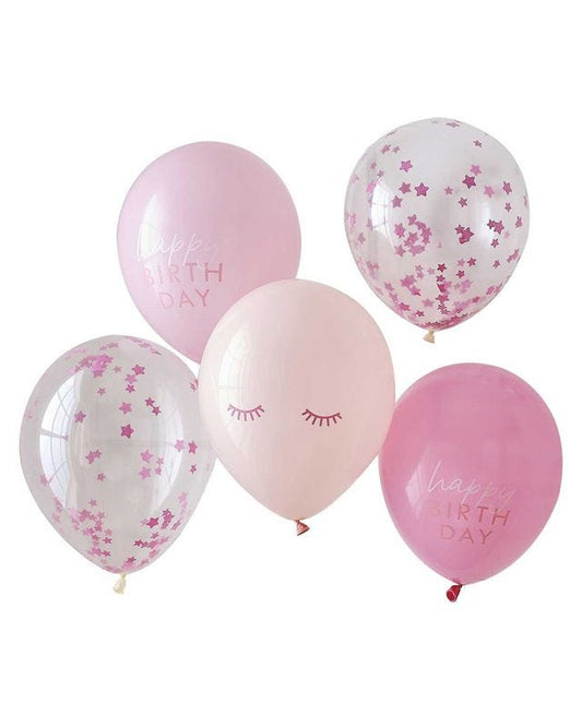 Pamper Party Pink Confetti Happy Birthday Balloons - 12" Latex (5pk)