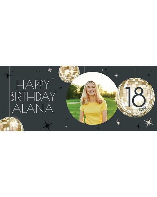 Black & Gold Disco Ball 18th Birthday Personalised Banner