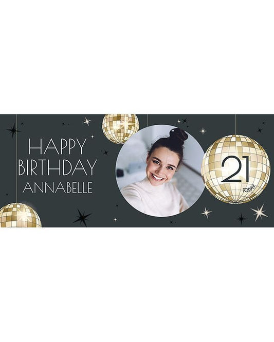 Black & Gold Disco Ball 21st Birthday Personalised Banner