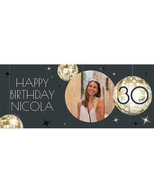 Black & Gold Disco Ball 30th Birthday Personalised Banner