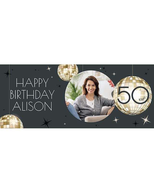 Black & Gold Disco Ball 50th Birthday Personalised Banner
