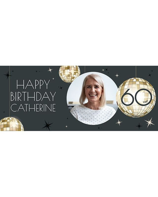 Black & Gold Disco Ball 60th Birthday Personalised Banner