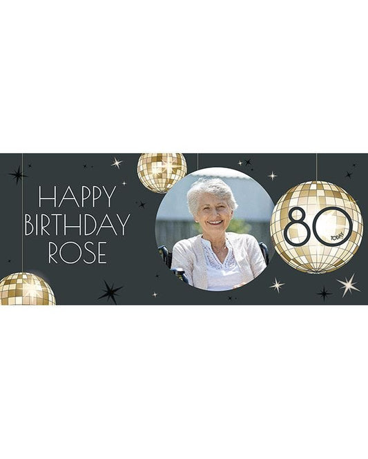 Black & Gold Disco Ball 80th Birthday Personalised Banner