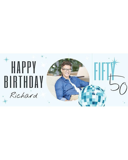 Blue & Silver Disco Ball 50th Birthday Personalised Banner