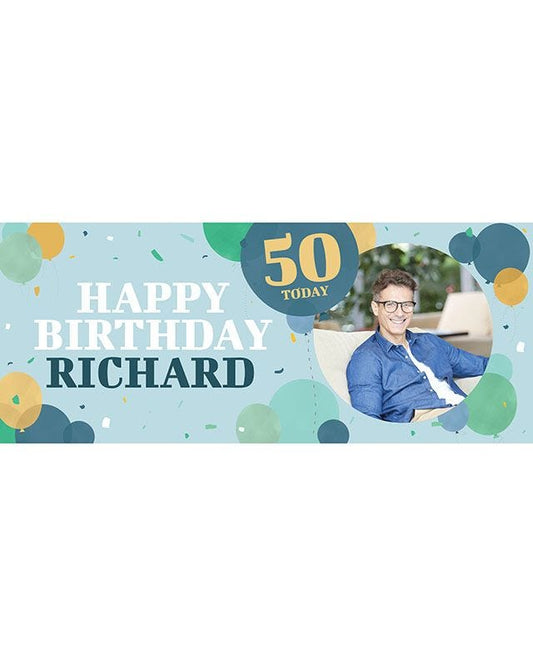 Blue Balloons 50th Birthday Personalised Banner