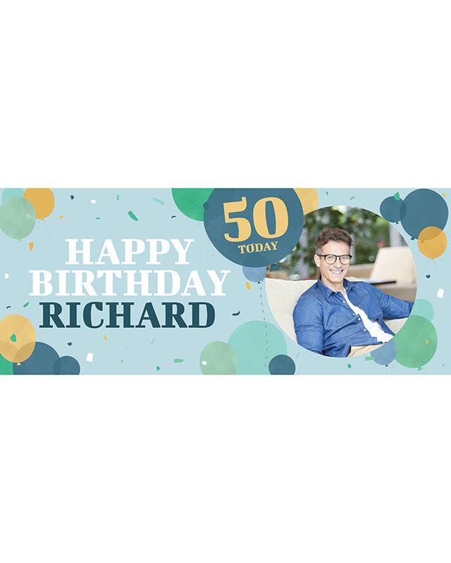 Blue Balloons 50th Birthday Personalised Banner