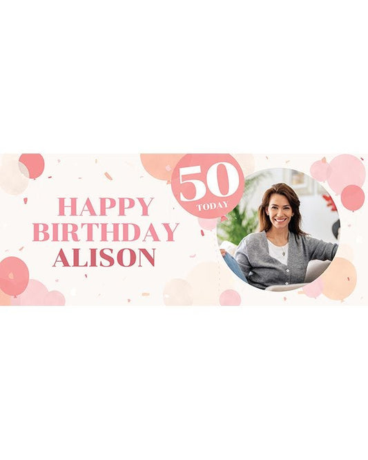 Peach Balloons 50th Birthday Personalised Banner