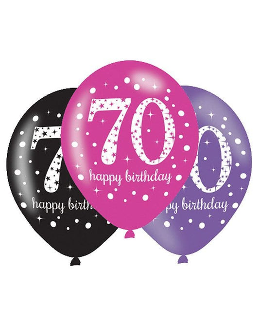 Happy 70th Birthday Pink Mix Balloons - 11" Latex (6pk)