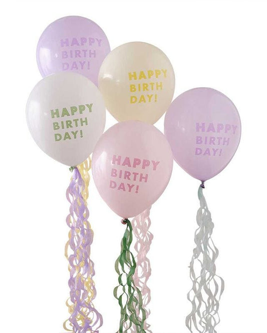 Pastel Wave 'Happy Birthday' Balloons with Tissue Paper Tails - 12" Latex (5pk)