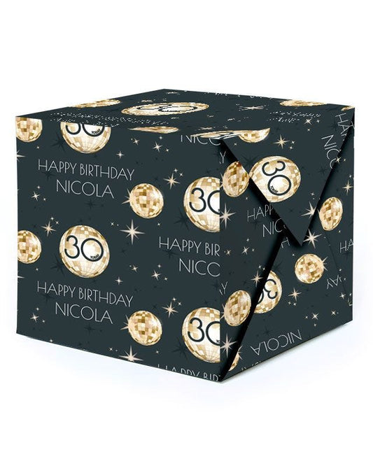 Black & Gold Disco Ball 30th Birthday Personalised Wrapping Paper