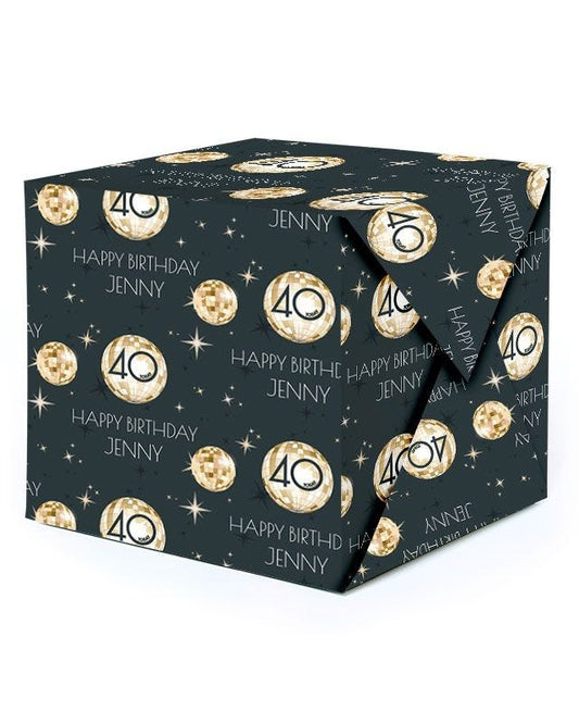 Black & Gold Disco Ball 40th Birthday Personalised Wrapping Paper