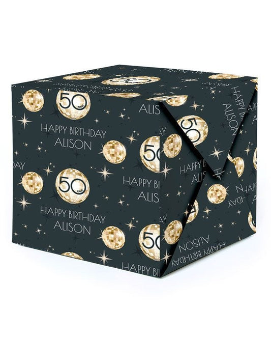 Black & Gold Disco Ball 50th Birthday Personalised Wrapping Paper