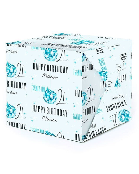 Blue & Silver Disco Ball 21st Birthday Personalised Wrapping Paper