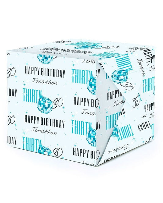 Blue & Silver Disco Ball 30th Birthday Personalised Wrapping Paper