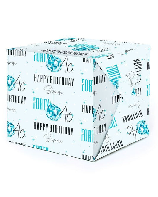 Blue & Silver Disco Ball 40th Birthday Personalised Wrapping Paper