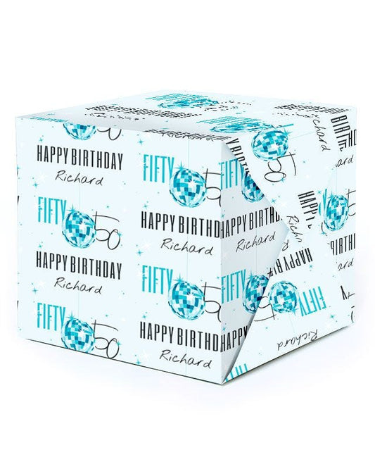 Blue & Silver Disco Ball 50th Birthday Personalised Wrapping Paper