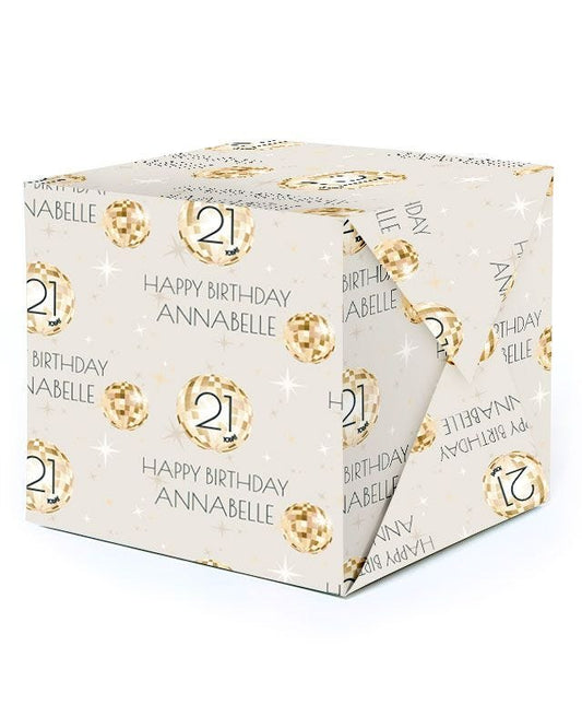 Cream & Gold Disco Ball 21st Birthday Personalised Wrapping Paper