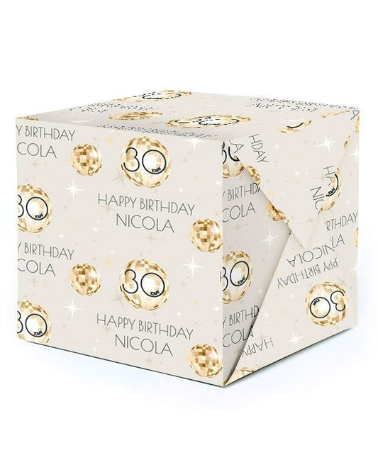 Cream & Gold Disco Ball 30th Birthday Personalised Wrapping Paper