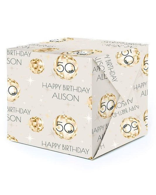 Cream & Gold Disco Ball 50th Birthday Personalised Wrapping Paper