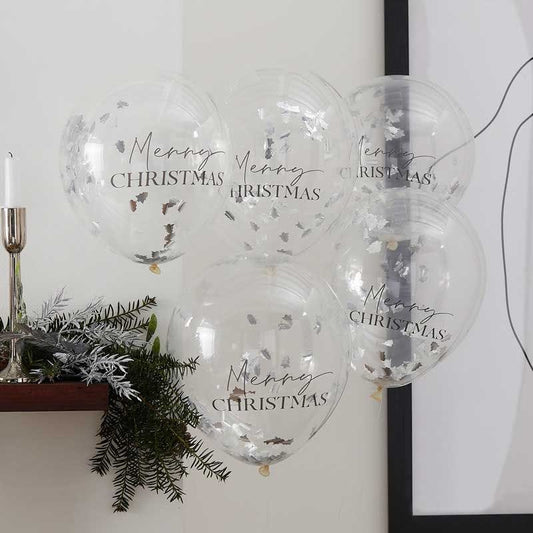 Silver Merry Christmas Confetti Balloons - 12" Latex (5pk)