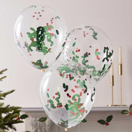 Holly & Berries Confetti Balloons - 12" Latex (5pk)