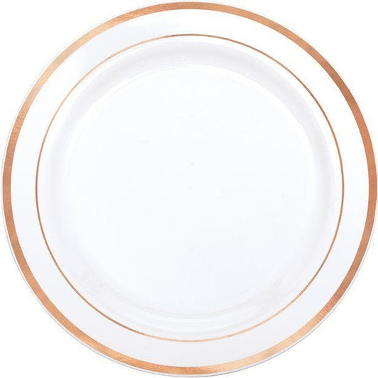 Premium White with Rose Gold Trim Plastic Plates - 26cm (10pk)